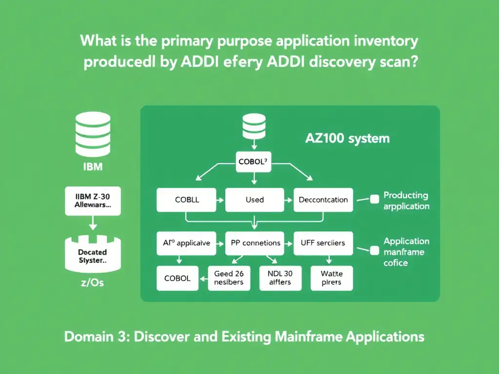 Educational infographic for IBM mainframe certification: What is the primary purpose of the application inventory produced by ADDI after a discovery scan?. Domain: Domain 3: Discover and Explain Existing Mainframe Applications. Show a clean technical diagram with IBM Z system components, COBOL code snippets, z/OS architecture elements, and clear labels. Professional blue and white color scheme.