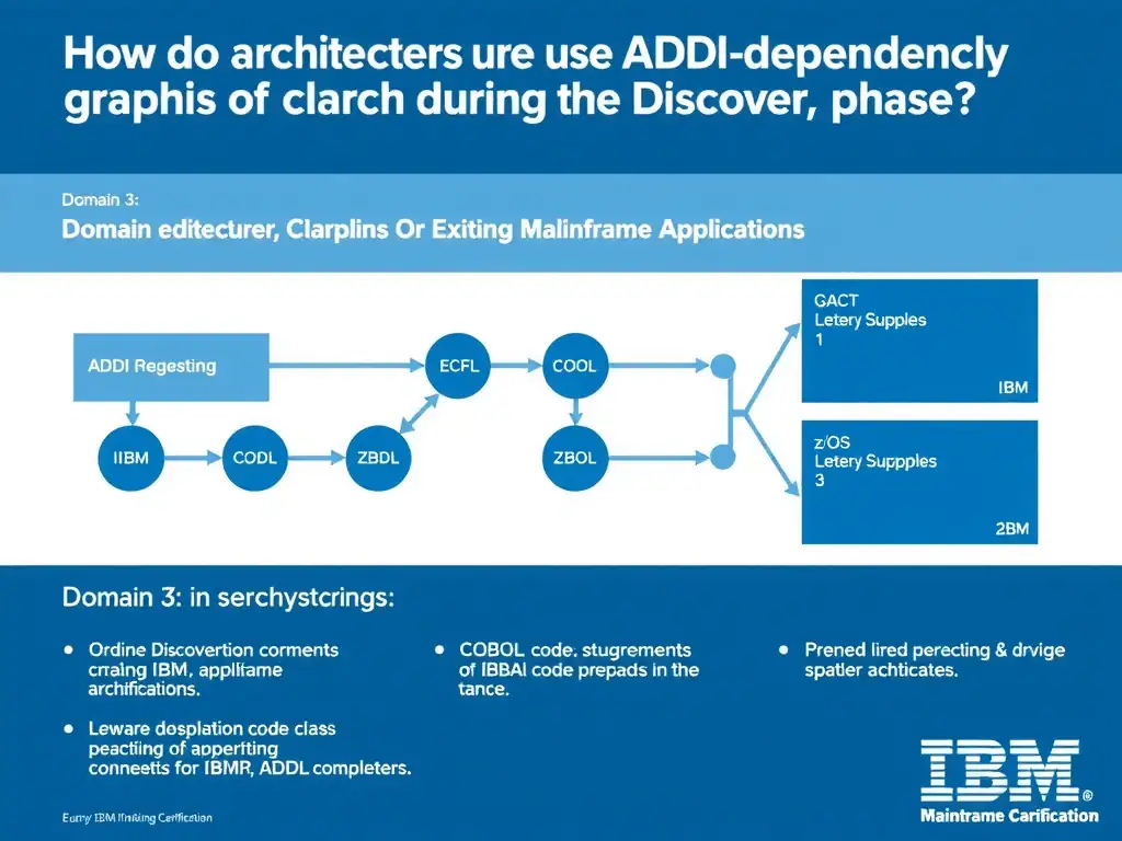 Educational infographic for IBM mainframe certification: How do architects use ADDI dependency graphs during the Discover phase?. Domain: Domain 3: Discover and Explain Existing Mainframe Applications. Show a clean technical diagram with IBM Z system components, COBOL code snippets, z/OS architecture elements, and clear labels. Professional blue and white color scheme.