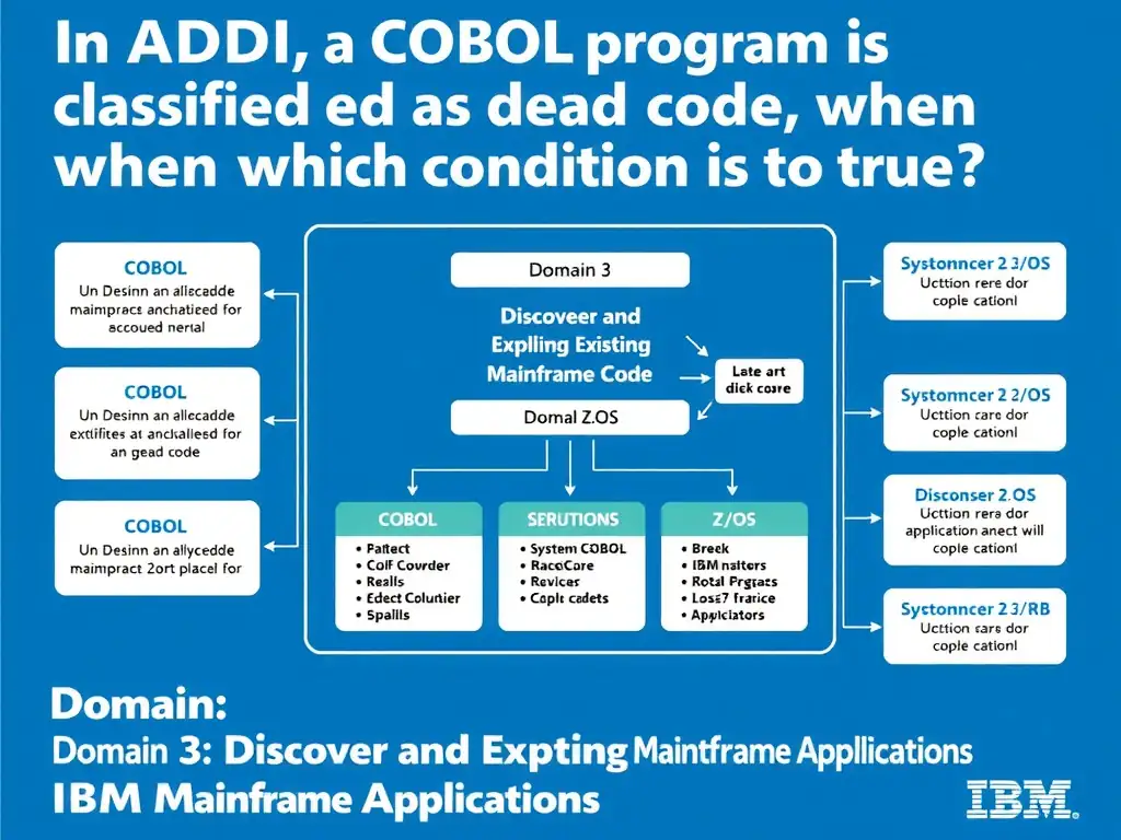 Educational infographic for IBM mainframe certification: In ADDI, a COBOL program is classified as dead code when which condition is true?. Domain: Domain 3: Discover and Explain Existing Mainframe Applications. Show a clean technical diagram with IBM Z system components, COBOL code snippets, z/OS architecture elements, and clear labels. Professional blue and white color scheme.