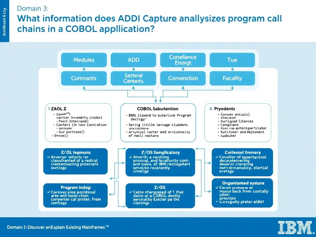 Educational infographic for IBM mainframe certification: What information does ADDI capture when analyzing program call chains in a COBOL application?. Domain: Domain 3: Discover and Explain Existing Mainframe Applications. Show a clean technical diagram with IBM Z system components, COBOL code snippets, z/OS architecture elements, and clear labels. Professional blue and white color scheme.