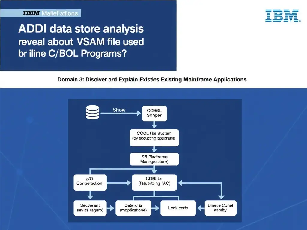 Educational infographic for IBM mainframe certification: What does ADDI data store analysis reveal about a VSAM file used by multiple COBOL programs?. Domain: Domain 3: Discover and Explain Existing Mainframe Applications. Show a clean technical diagram with IBM Z system components, COBOL code snippets, z/OS architecture elements, and clear labels. Professional blue and white color scheme.