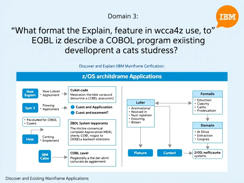 Educational infographic for IBM mainframe certification: What format does the Explain feature in wca4z use to describe a COBOL program to a developer?. Domain: Domain 3: Discover and Explain Existing Mainframe Applications. Show a clean technical diagram with IBM Z system components, COBOL code snippets, z/OS architecture elements, and clear labels. Professional blue and white color scheme.