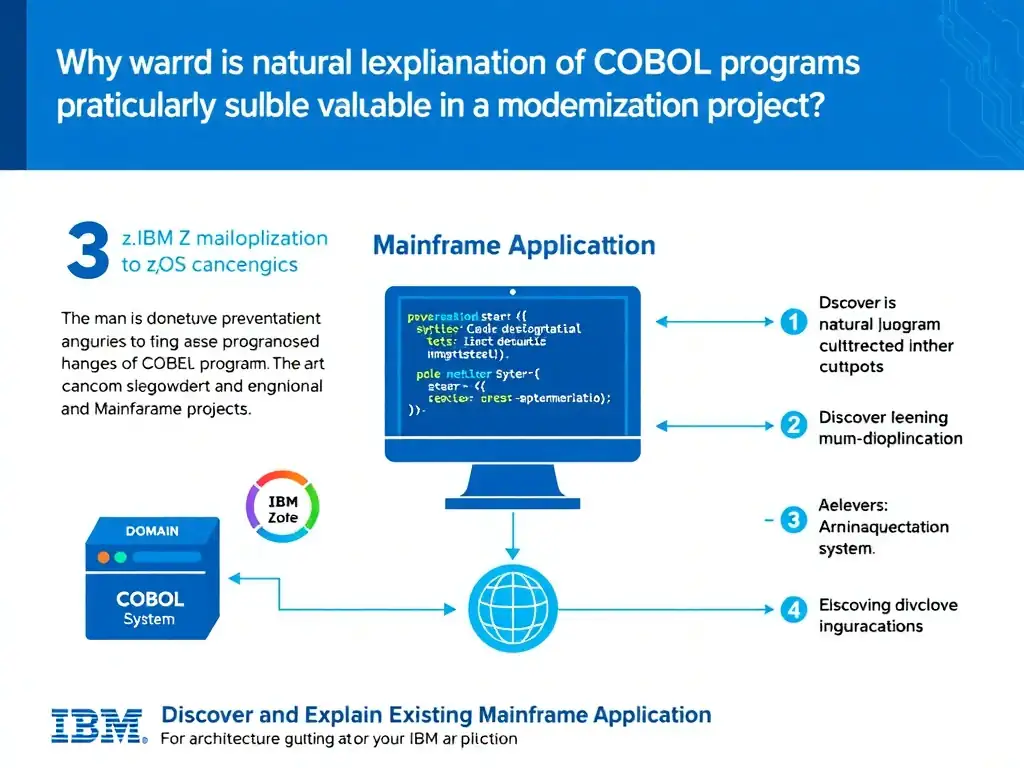 Educational infographic for IBM mainframe certification: Why is natural language explanation of COBOL programs particularly valuable in a modernization project?. Domain: Domain 3: Discover and Explain Existing Mainframe Applications. Show a clean technical diagram with IBM Z system components, COBOL code snippets, z/OS architecture elements, and clear labels. Professional blue and white color scheme.