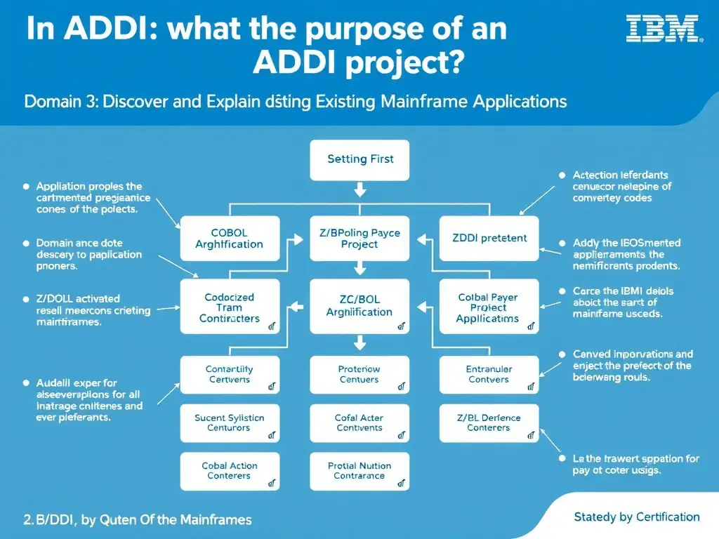 Educational infographic for IBM mainframe certification: In ADDI, what is the purpose of an ADDI project?. Domain: Domain 3: Discover and Explain Existing Mainframe Applications. Show a clean technical diagram with IBM Z system components, COBOL code snippets, z/OS architecture elements, and clear labels. Professional blue and white color scheme.