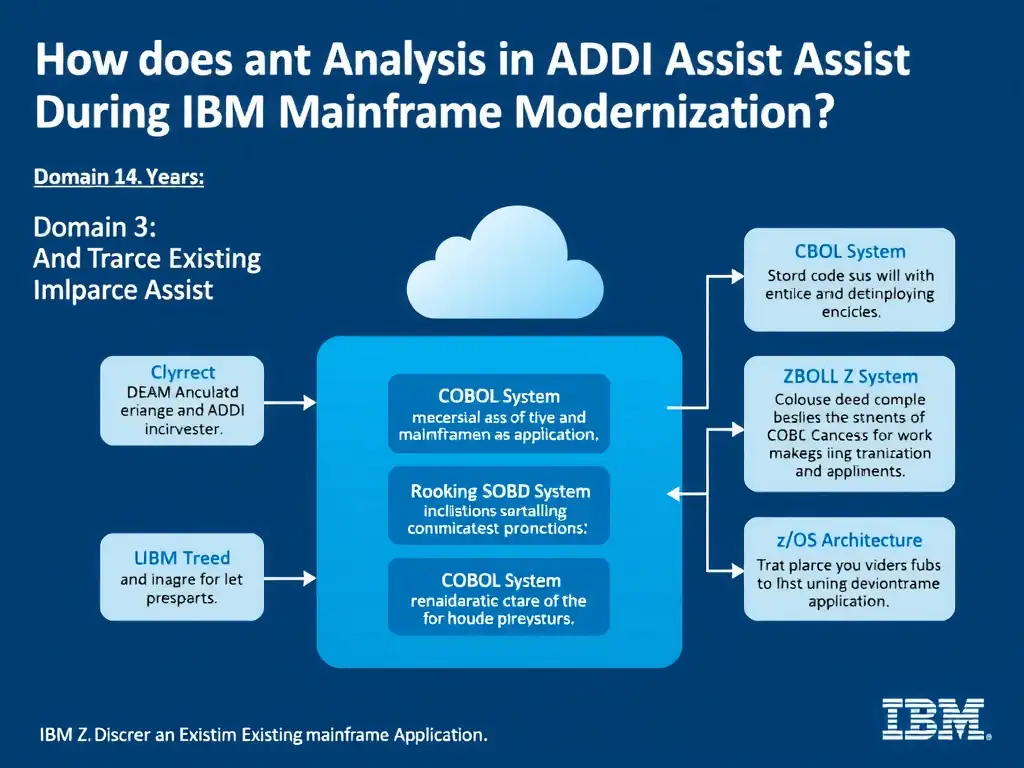 Educational infographic for IBM mainframe certification: How does impact analysis in ADDI assist during mainframe modernization?. Domain: Domain 3: Discover and Explain Existing Mainframe Applications. Show a clean technical diagram with IBM Z system components, COBOL code snippets, z/OS architecture elements, and clear labels. Professional blue and white color scheme.