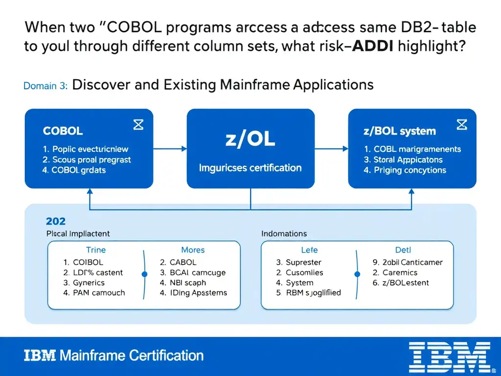 Educational infographic for IBM mainframe certification: When two COBOL programs access the same DB2 table through different column sets, what risk does ADDI highlight?. Domain: Domain 3: Discover and Explain Existing Mainframe Applications. Show a clean technical diagram with IBM Z system components, COBOL code snippets, z/OS architecture elements, and clear labels. Professional blue and white color scheme.