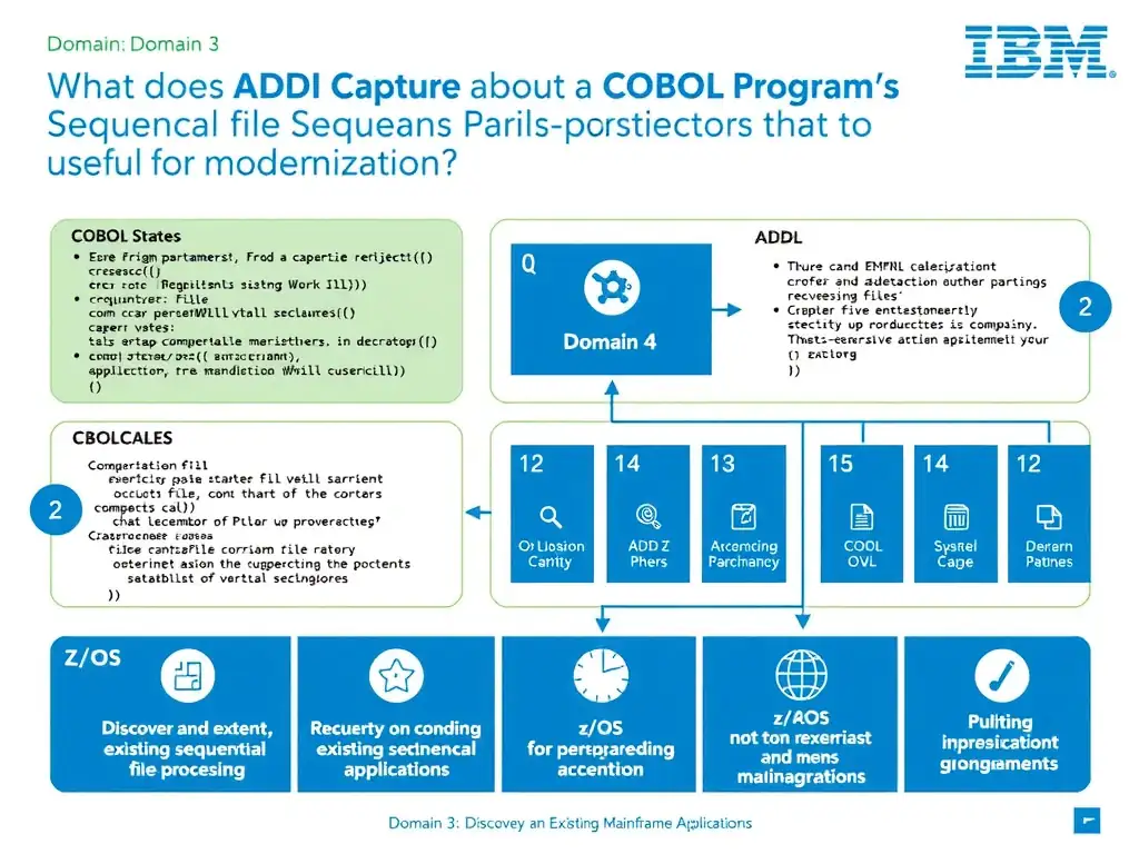 Educational infographic for IBM mainframe certification: What does ADDI capture about a COBOL program's sequential file processing that is useful for modernization?. Domain: Domain 3: Discover and Explain Existing Mainframe Applications. Show a clean technical diagram with IBM Z system components, COBOL code snippets, z/OS architecture elements, and clear labels. Professional blue and white color scheme.
