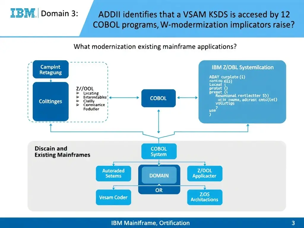 Educational infographic for IBM mainframe certification: ADDI identifies that a VSAM KSDS is accessed by 12 COBOL programs. What modernization implication does this raise?. Domain: Domain 3: Discover and Explain Existing Mainframe Applications. Show a clean technical diagram with IBM Z system components, COBOL code snippets, z/OS architecture elements, and clear labels. Professional blue and white color scheme.