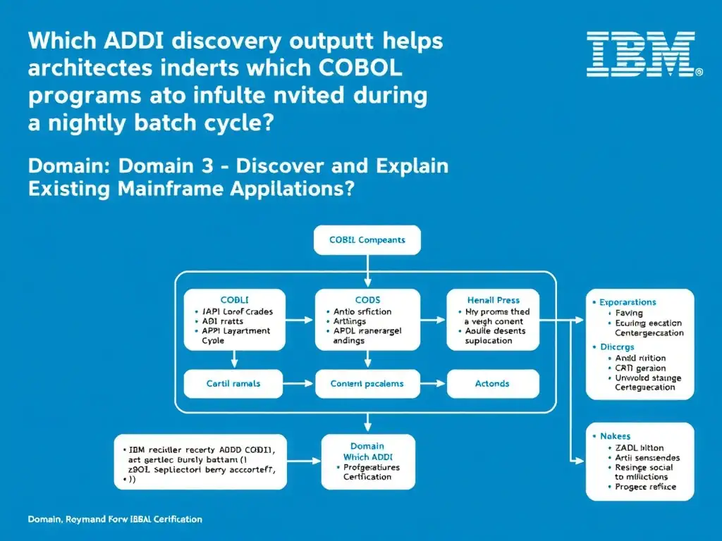Educational infographic for IBM mainframe certification: Which ADDI discovery output helps architects understand which COBOL programs are invoked during a nightly batch cycle?. Domain: Domain 3: Discover and Explain Existing Mainframe Applications. Show a clean technical diagram with IBM Z system components, COBOL code snippets, z/OS architecture elements, and clear labels. Professional blue and white color scheme.