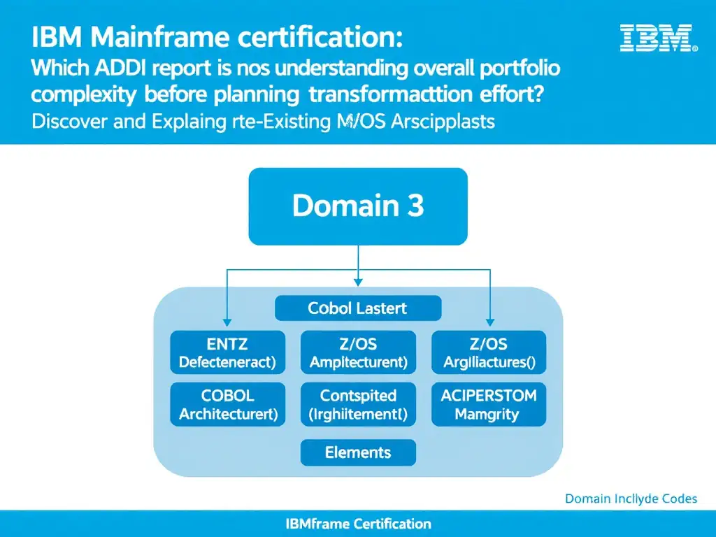 Educational infographic for IBM mainframe certification: Which ADDI report is most useful for understanding overall portfolio complexity before planning transformation effort?. Domain: Domain 3: Discover and Explain Existing Mainframe Applications. Show a clean technical diagram with IBM Z system components, COBOL code snippets, z/OS architecture elements, and clear labels. Professional blue and white color scheme.