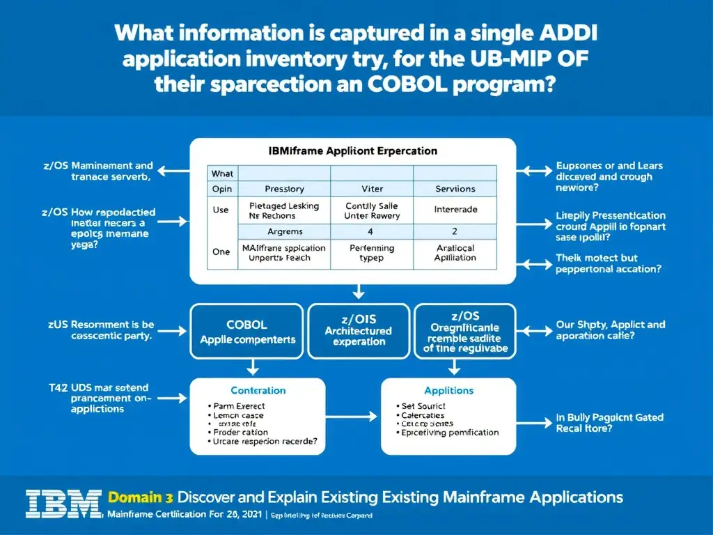 Educational infographic for IBM mainframe certification: What information is captured in a single ADDI application inventory entry for a COBOL program?. Domain: Domain 3: Discover and Explain Existing Mainframe Applications. Show a clean technical diagram with IBM Z system components, COBOL code snippets, z/OS architecture elements, and clear labels. Professional blue and white color scheme.