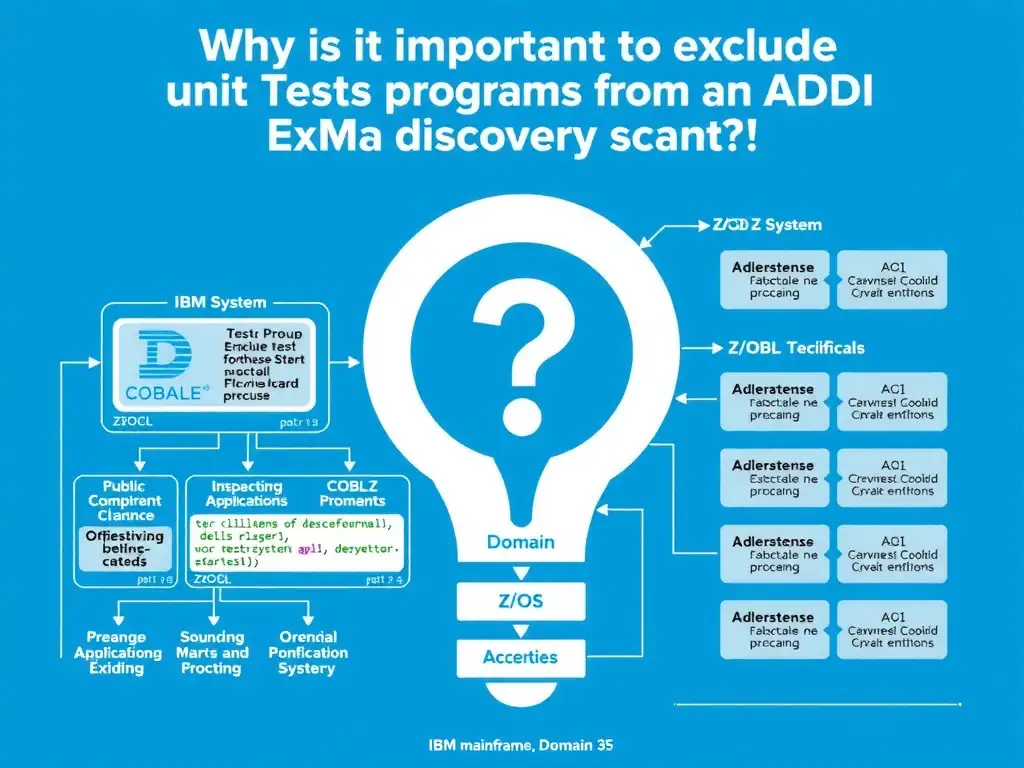 Educational infographic for IBM mainframe certification: Why is it important to exclude unit test harness programs from an ADDI discovery scan?. Domain: Domain 3: Discover and Explain Existing Mainframe Applications. Show a clean technical diagram with IBM Z system components, COBOL code snippets, z/OS architecture elements, and clear labels. Professional blue and white color scheme.