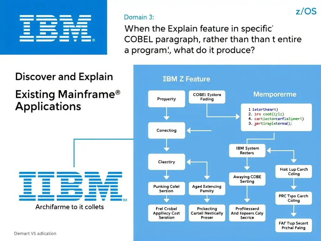 Educational infographic for IBM mainframe certification: When the Explain feature is applied to a specific COBOL paragraph rather than an entire program, what does it produce?. Domain: Domain 3: Discover and Explain Existing Mainframe Applications. Show a clean technical diagram with IBM Z system components, COBOL code snippets, z/OS architecture elements, and clear labels. Professional blue and white color scheme.