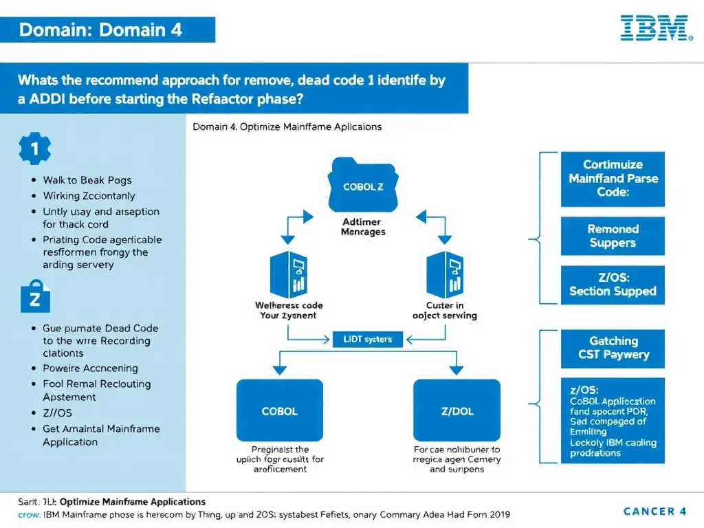 Educational infographic for IBM mainframe certification: What is the recommended approach for removing dead code identified by ADDI before starting the Refactor phase?. Domain: Domain 4: Optimize Mainframe Applications. Show a clean technical diagram with IBM Z system components, COBOL code snippets, z/OS architecture elements, and clear labels. Professional blue and white color scheme.