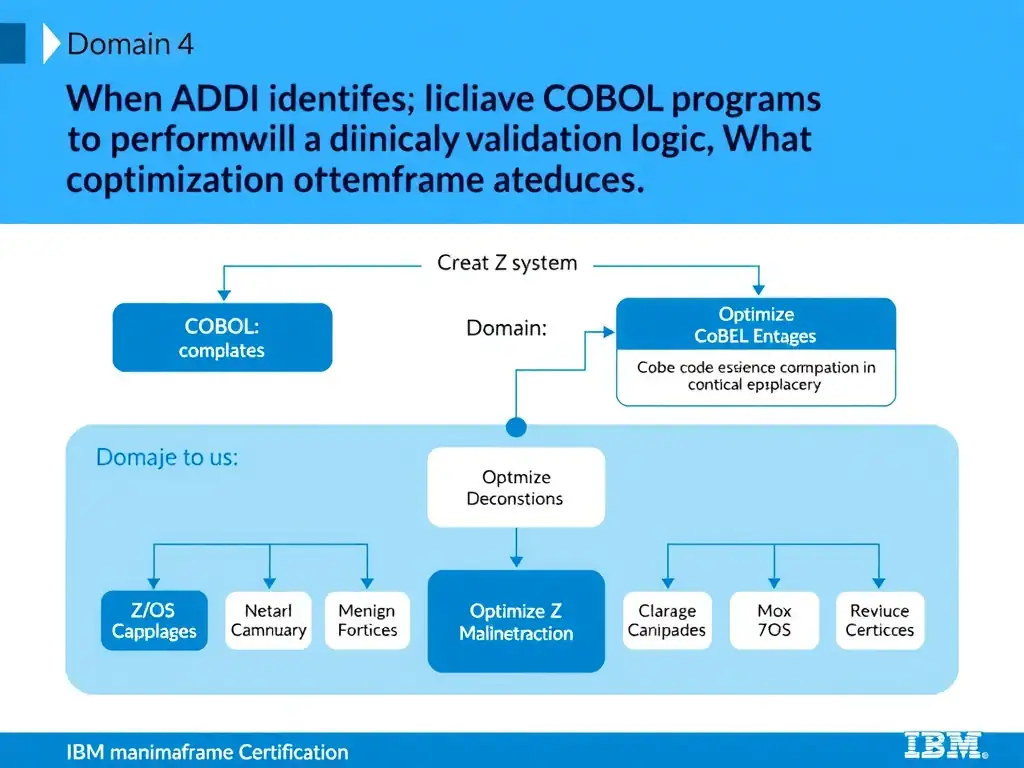 Educational infographic for IBM mainframe certification: When ADDI identifies multiple COBOL programs that perform identical validation logic, what optimization approach reduces. Domain: Domain 4: Optimize Mainframe Applications. Show a clean technical diagram with IBM Z system components, COBOL code snippets, z/OS architecture elements, and clear labels. Professional blue and white color scheme.