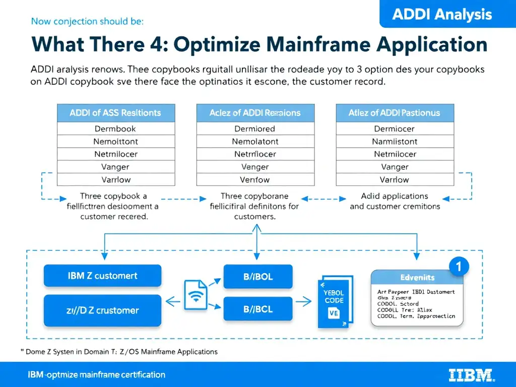 Educational infographic for IBM mainframe certification: ADDI analysis shows three copybooks with identical field definitions for a customer record. What optimization should be . Domain: Domain 4: Optimize Mainframe Applications. Show a clean technical diagram with IBM Z system components, COBOL code snippets, z/OS architecture elements, and clear labels. Professional blue and white color scheme.