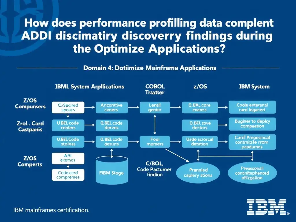 Educational infographic for IBM mainframe certification: How does performance profiling data complement ADDI discovery findings during the Optimize phase?. Domain: Domain 4: Optimize Mainframe Applications. Show a clean technical diagram with IBM Z system components, COBOL code snippets, z/OS architecture elements, and clear labels. Professional blue and white color scheme.