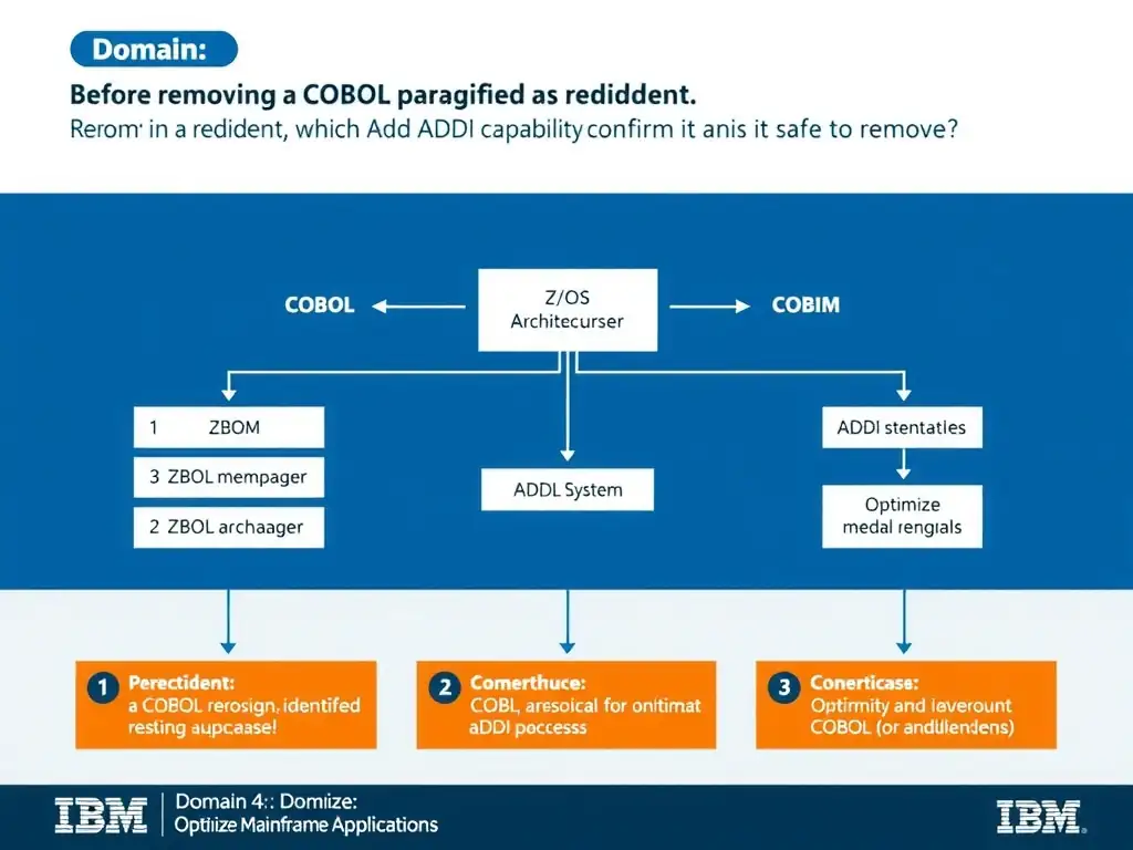 Educational infographic for IBM mainframe certification: Before removing a COBOL paragraph identified as redundant, which ADDI capability should confirm it is safe to remove?. Domain: Domain 4: Optimize Mainframe Applications. Show a clean technical diagram with IBM Z system components, COBOL code snippets, z/OS architecture elements, and clear labels. Professional blue and white color scheme.