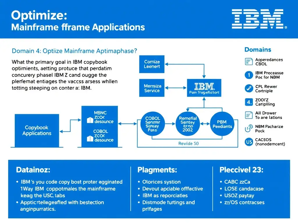 Educational infographic for IBM mainframe certification: What is the primary goal of copybook optimization in the Optimize phase?. Domain: Domain 4: Optimize Mainframe Applications. Show a clean technical diagram with IBM Z system components, COBOL code snippets, z/OS architecture elements, and clear labels. Professional blue and white color scheme.