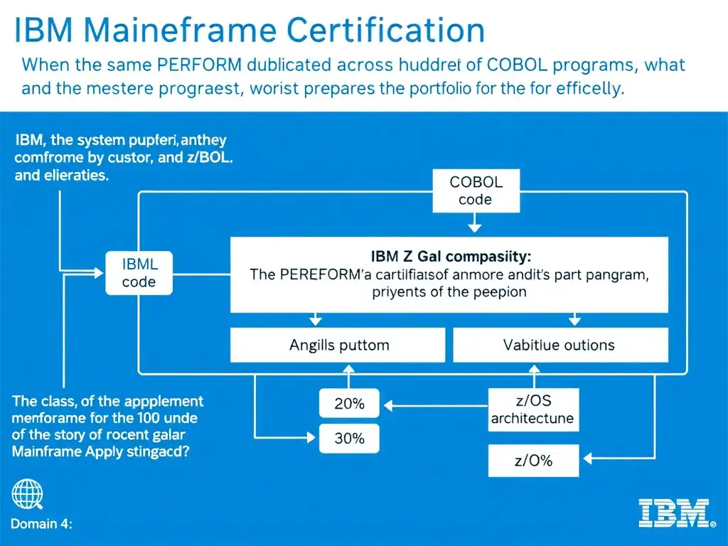 Educational infographic for IBM mainframe certification: When the same PERFORM paragraph is duplicated across dozens of COBOL programs, what best prepares the portfolio for effi. Domain: Domain 4: Optimize Mainframe Applications. Show a clean technical diagram with IBM Z system components, COBOL code snippets, z/OS architecture elements, and clear labels. Professional blue and white color scheme.