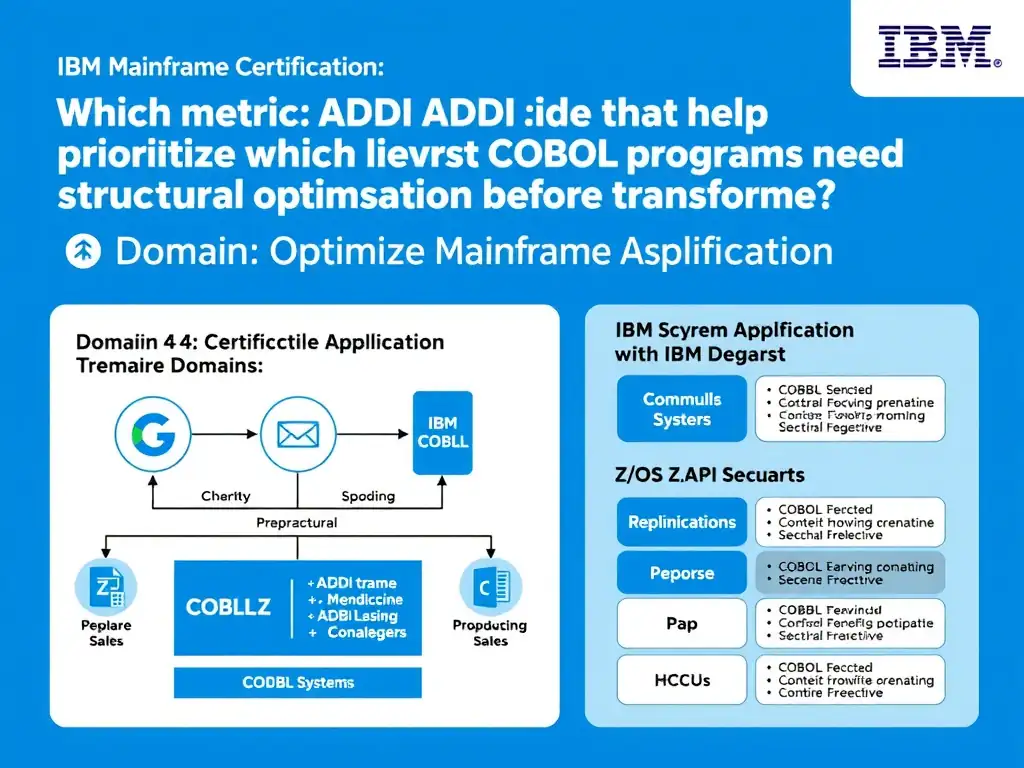 Educational infographic for IBM mainframe certification: Which metric does ADDI provide that helps prioritize which COBOL programs need structural optimization before transforma. Domain: Domain 4: Optimize Mainframe Applications. Show a clean technical diagram with IBM Z system components, COBOL code snippets, z/OS architecture elements, and clear labels. Professional blue and white color scheme.