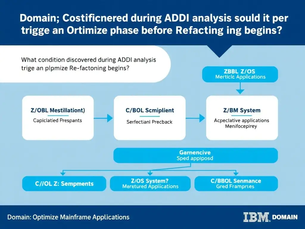 Educational infographic for IBM mainframe certification: What condition discovered during ADDI analysis should trigger an Optimize phase before Refactoring begins?. Domain: Domain 4: Optimize Mainframe Applications. Show a clean technical diagram with IBM Z system components, COBOL code snippets, z/OS architecture elements, and clear labels. Professional blue and white color scheme.