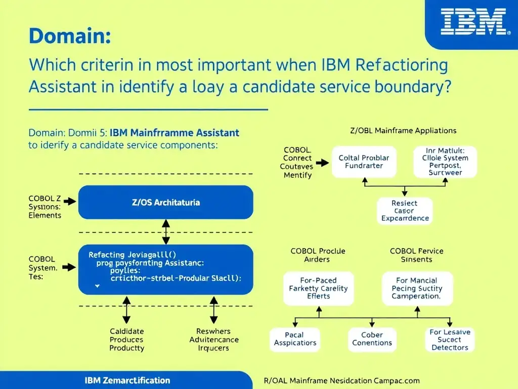 Educational infographic for IBM mainframe certification: Which criterion is most important when using IBM Refactoring Assistant to identify a candidate service boundary?. Domain: Domain 5: Refactor Mainframe Applications into Modular Components. Show a clean technical diagram with IBM Z system components, COBOL code snippets, z/OS architecture elements, and clear labels. Professional blue and white color scheme.