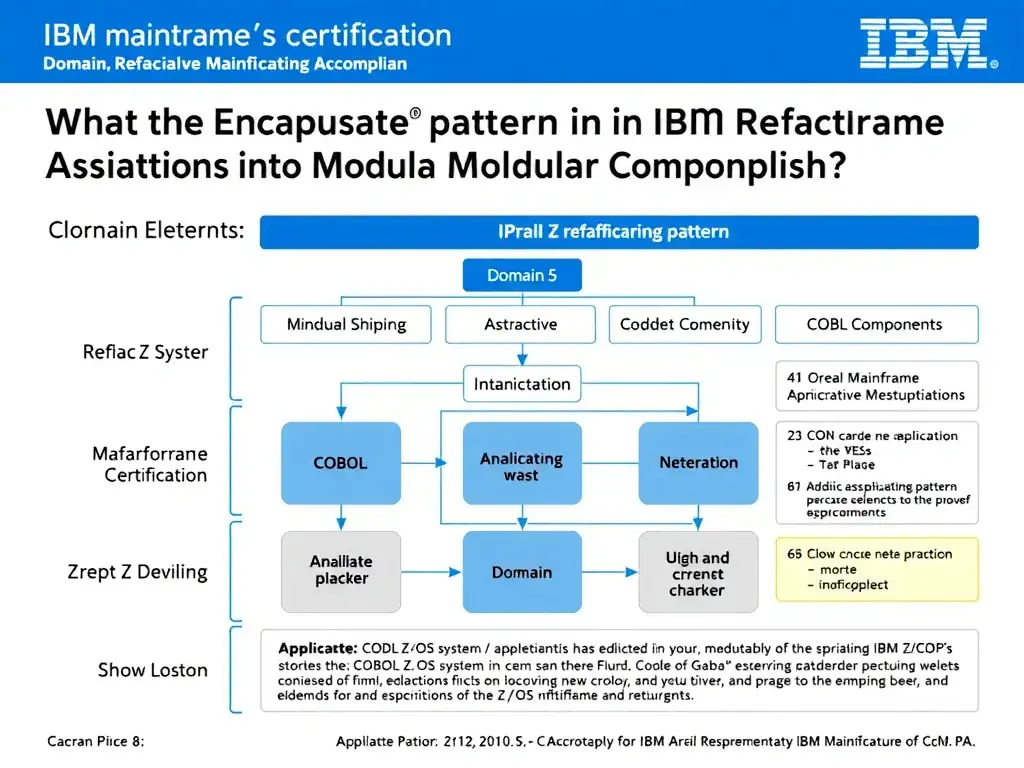 Educational infographic for IBM mainframe certification: What does the Encapsulate refactoring pattern in IBM Refactoring Assistant accomplish?. Domain: Domain 5: Refactor Mainframe Applications into Modular Components. Show a clean technical diagram with IBM Z system components, COBOL code snippets, z/OS architecture elements, and clear labels. Professional blue and white color scheme.