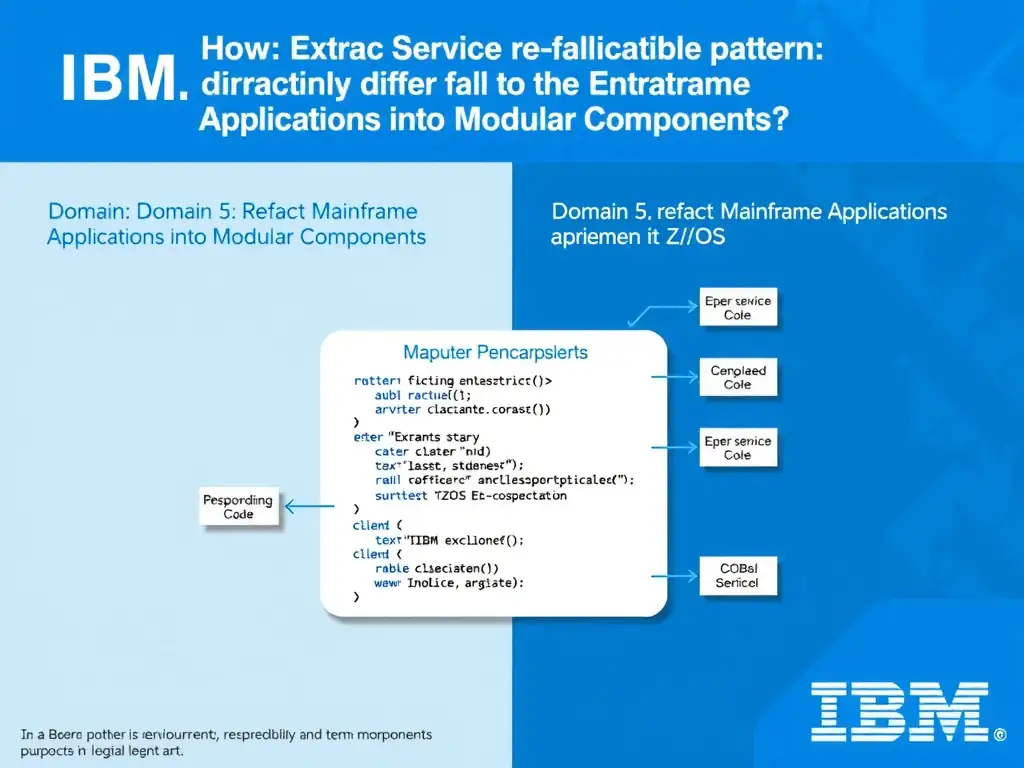 Educational infographic for IBM mainframe certification: How does the Extract Service refactoring pattern differ from the Encapsulate pattern?. Domain: Domain 5: Refactor Mainframe Applications into Modular Components. Show a clean technical diagram with IBM Z system components, COBOL code snippets, z/OS architecture elements, and clear labels. Professional blue and white color scheme.