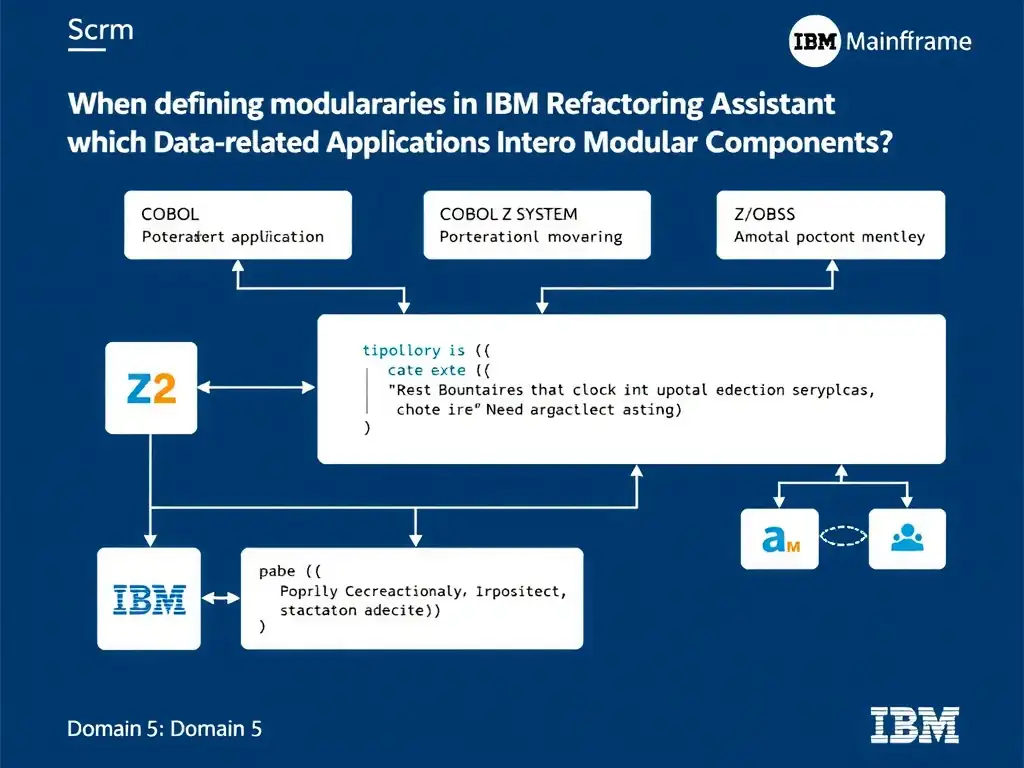 Educational infographic for IBM mainframe certification: When defining modular boundaries in IBM Refactoring Assistant, which data-related consideration is most critical?. Domain: Domain 5: Refactor Mainframe Applications into Modular Components. Show a clean technical diagram with IBM Z system components, COBOL code snippets, z/OS architecture elements, and clear labels. Professional blue and white color scheme.