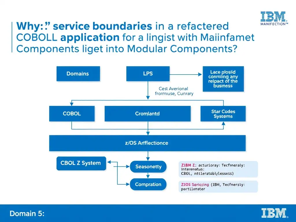 Educational infographic for IBM mainframe certification: Why should service boundaries in a refactored COBOL application align with business domains?. Domain: Domain 5: Refactor Mainframe Applications into Modular Components. Show a clean technical diagram with IBM Z system components, COBOL code snippets, z/OS architecture elements, and clear labels. Professional blue and white color scheme.