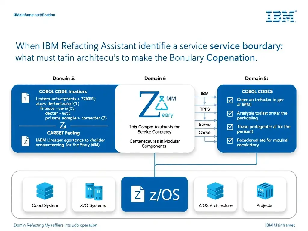 Educational infographic for IBM mainframe certification: When IBM Refactoring Assistant identifies a service boundary, what must architects define to make the boundary operation. Domain: Domain 5: Refactor Mainframe Applications into Modular Components. Show a clean technical diagram with IBM Z system components, COBOL code snippets, z/OS architecture elements, and clear labels. Professional blue and white color scheme.