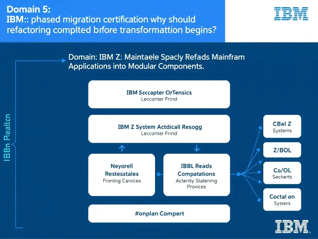Educational infographic for IBM mainframe certification: In a phased migration strategy, why should refactoring be completed before transformation begins?. Domain: Domain 5: Refactor Mainframe Applications into Modular Components. Show a clean technical diagram with IBM Z system components, COBOL code snippets, z/OS architecture elements, and clear labels. Professional blue and white color scheme.