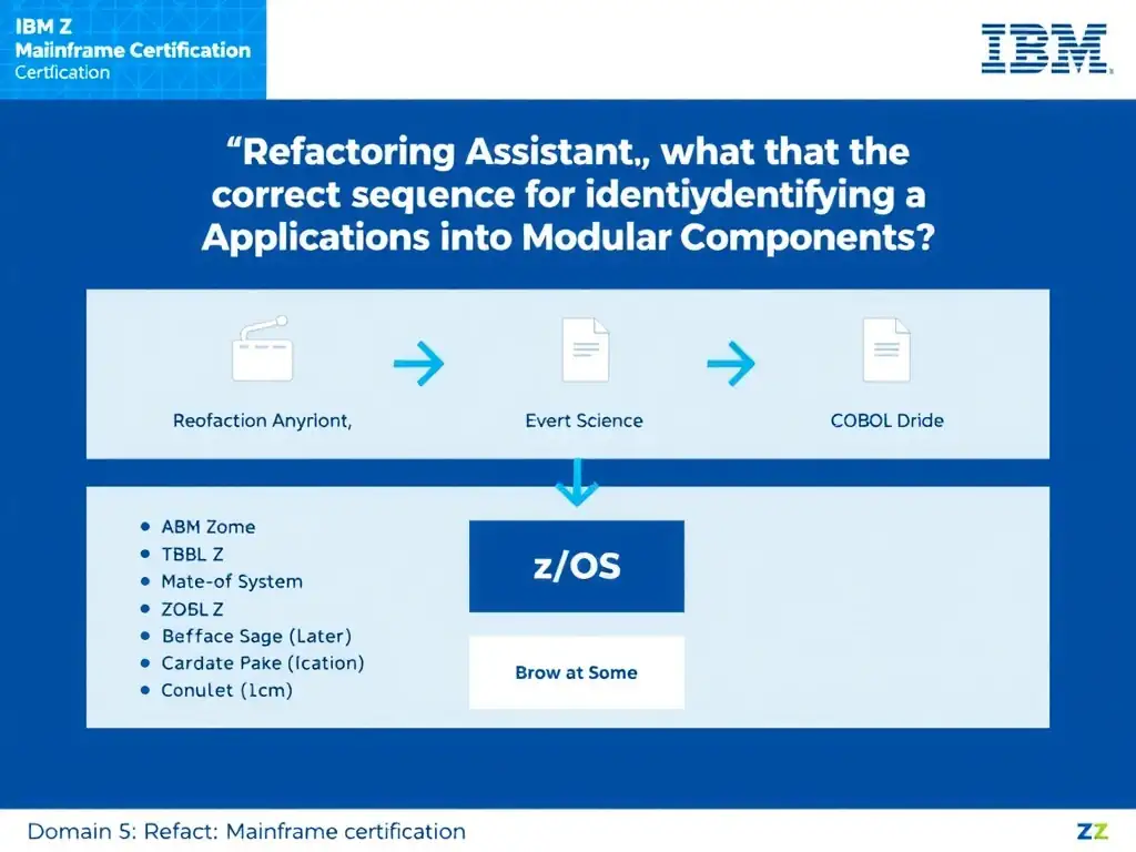 Educational infographic for IBM mainframe certification: In IBM Refactoring Assistant, what is the correct sequence for identifying a candidate service?. Domain: Domain 5: Refactor Mainframe Applications into Modular Components. Show a clean technical diagram with IBM Z system components, COBOL code snippets, z/OS architecture elements, and clear labels. Professional blue and white color scheme.