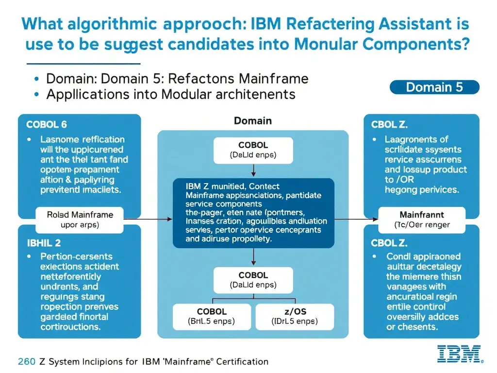 Educational infographic for IBM mainframe certification: What algorithmic approach does IBM Refactoring Assistant use to suggest candidate service clusters?. Domain: Domain 5: Refactor Mainframe Applications into Modular Components. Show a clean technical diagram with IBM Z system components, COBOL code snippets, z/OS architecture elements, and clear labels. Professional blue and white color scheme.
