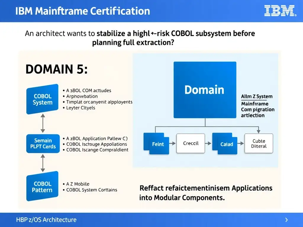 Educational infographic for IBM mainframe certification: An architect wants to stabilize a high-risk COBOL subsystem before planning full extraction. Which refactoring pattern i. Domain: Domain 5: Refactor Mainframe Applications into Modular Components. Show a clean technical diagram with IBM Z system components, COBOL code snippets, z/OS architecture elements, and clear labels. Professional blue and white color scheme.