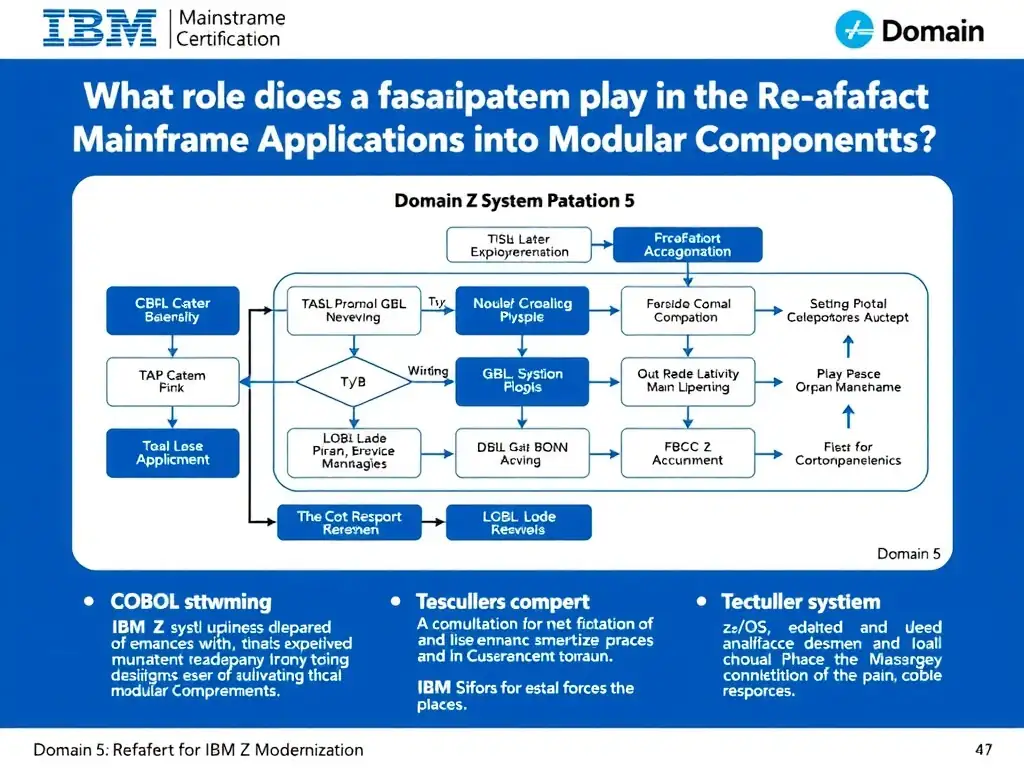 Educational infographic for IBM mainframe certification: What role does a facade pattern play in the Refactor phase of IBM Z Modernization?. Domain: Domain 5: Refactor Mainframe Applications into Modular Components. Show a clean technical diagram with IBM Z system components, COBOL code snippets, z/OS architecture elements, and clear labels. Professional blue and white color scheme.