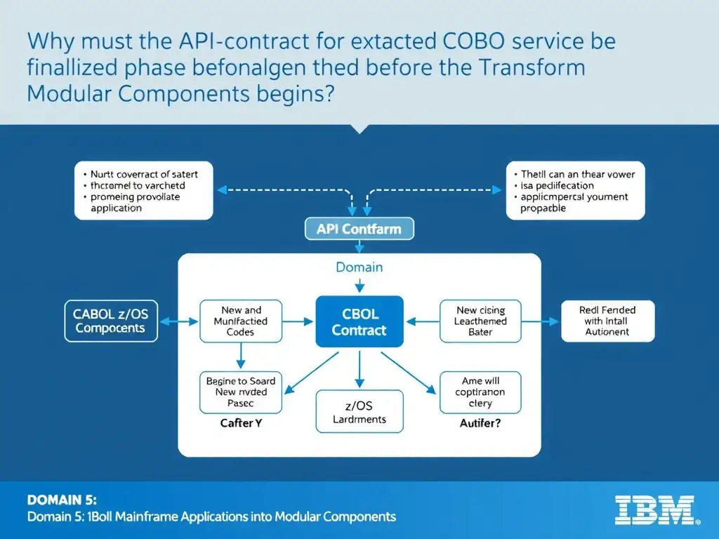 Educational infographic for IBM mainframe certification: Why must the API contract for an extracted COBOL service be finalized before the Transform phase begins?. Domain: Domain 5: Refactor Mainframe Applications into Modular Components. Show a clean technical diagram with IBM Z system components, COBOL code snippets, z/OS architecture elements, and clear labels. Professional blue and white color scheme.