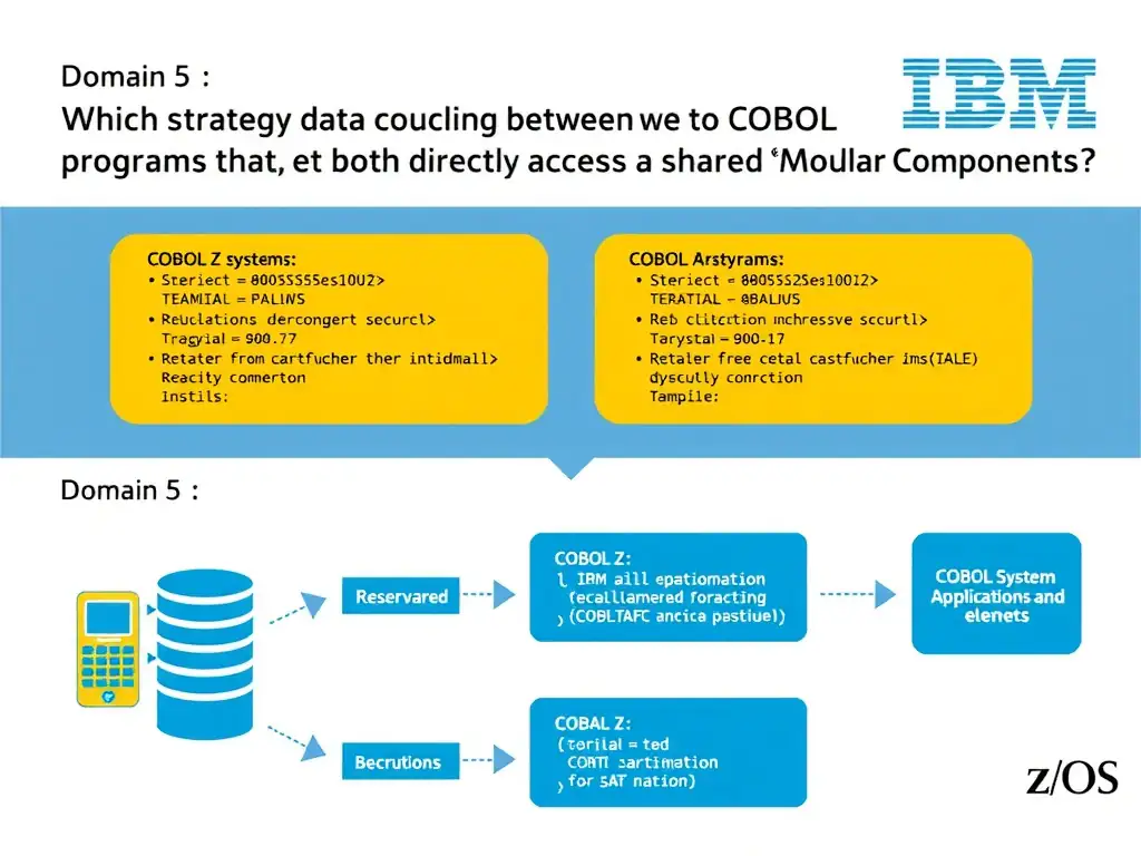 Educational infographic for IBM mainframe certification: Which strategy best reduces data coupling between two COBOL programs that both directly access a shared VSAM file?. Domain: Domain 5: Refactor Mainframe Applications into Modular Components. Show a clean technical diagram with IBM Z system components, COBOL code snippets, z/OS architecture elements, and clear labels. Professional blue and white color scheme.