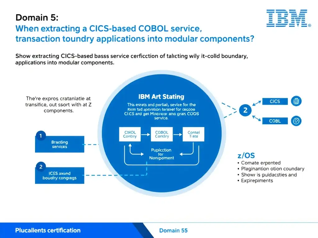 Educational infographic for IBM mainframe certification: When extracting a CICS-based COBOL service, why is transaction boundary definition critical?. Domain: Domain 5: Refactor Mainframe Applications into Modular Components. Show a clean technical diagram with IBM Z system components, COBOL code snippets, z/OS architecture elements, and clear labels. Professional blue and white color scheme.