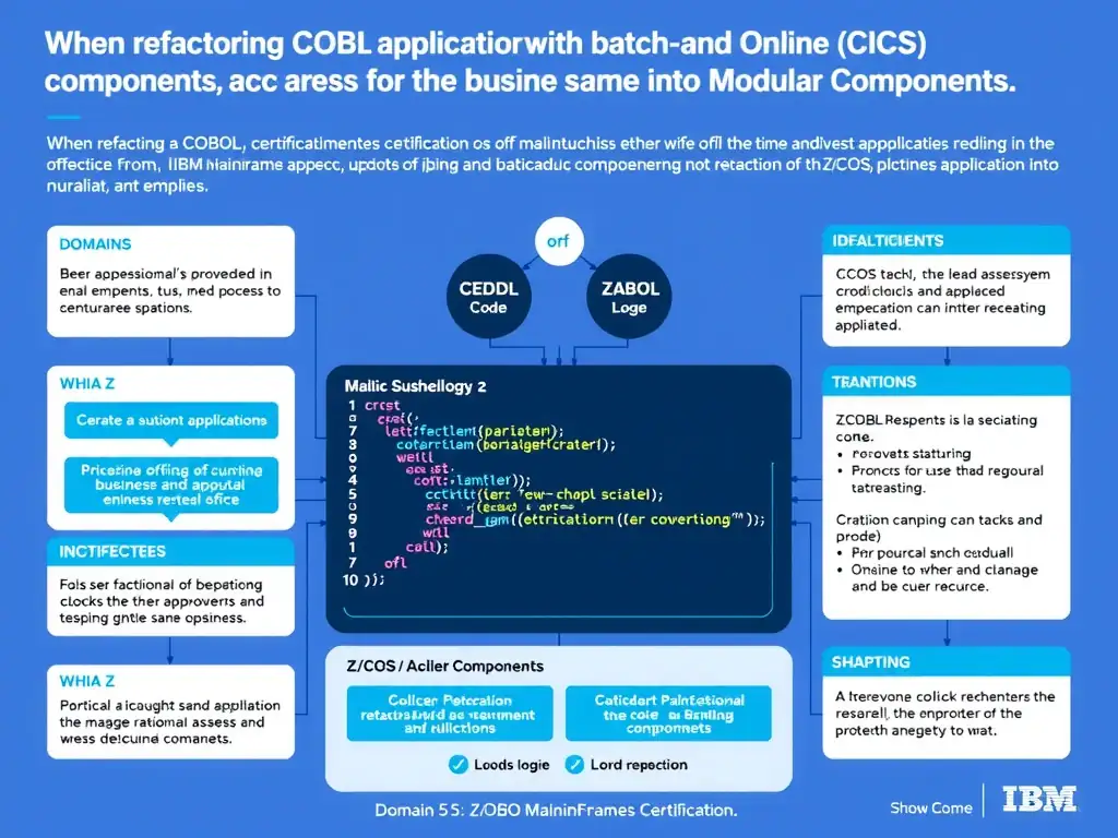 Educational infographic for IBM mainframe certification: When refactoring a COBOL application with both batch and online (CICS) components accessing the same business logic, wha. Domain: Domain 5: Refactor Mainframe Applications into Modular Components. Show a clean technical diagram with IBM Z system components, COBOL code snippets, z/OS architecture elements, and clear labels. Professional blue and white color scheme.