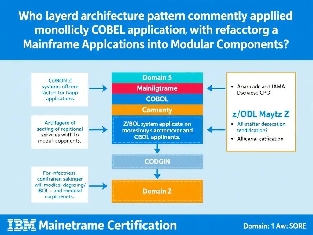 Educational infographic for IBM mainframe certification: Which layered architecture pattern is commonly applied when refactoring a monolithic COBOL application?. Domain: Domain 5: Refactor Mainframe Applications into Modular Components. Show a clean technical diagram with IBM Z system components, COBOL code snippets, z/OS architecture elements, and clear labels. Professional blue and white color scheme.