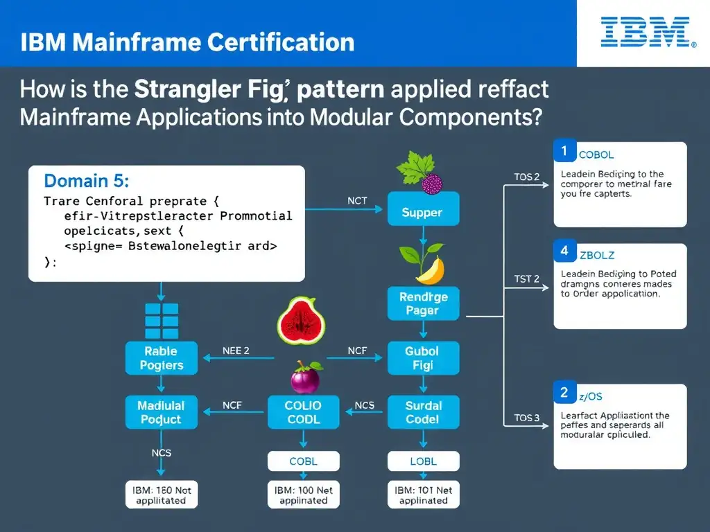 Educational infographic for IBM mainframe certification: How is the Strangler Fig pattern applied during IBM Z Modernization?. Domain: Domain 5: Refactor Mainframe Applications into Modular Components. Show a clean technical diagram with IBM Z system components, COBOL code snippets, z/OS architecture elements, and clear labels. Professional blue and white color scheme.