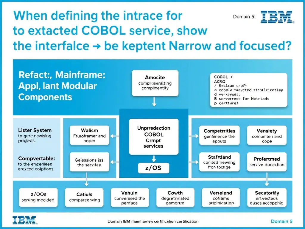 Educational infographic for IBM mainframe certification: When defining the interface for an extracted COBOL service, why should the interface be kept narrow and focused?. Domain: Domain 5: Refactor Mainframe Applications into Modular Components. Show a clean technical diagram with IBM Z system components, COBOL code snippets, z/OS architecture elements, and clear labels. Professional blue and white color scheme.