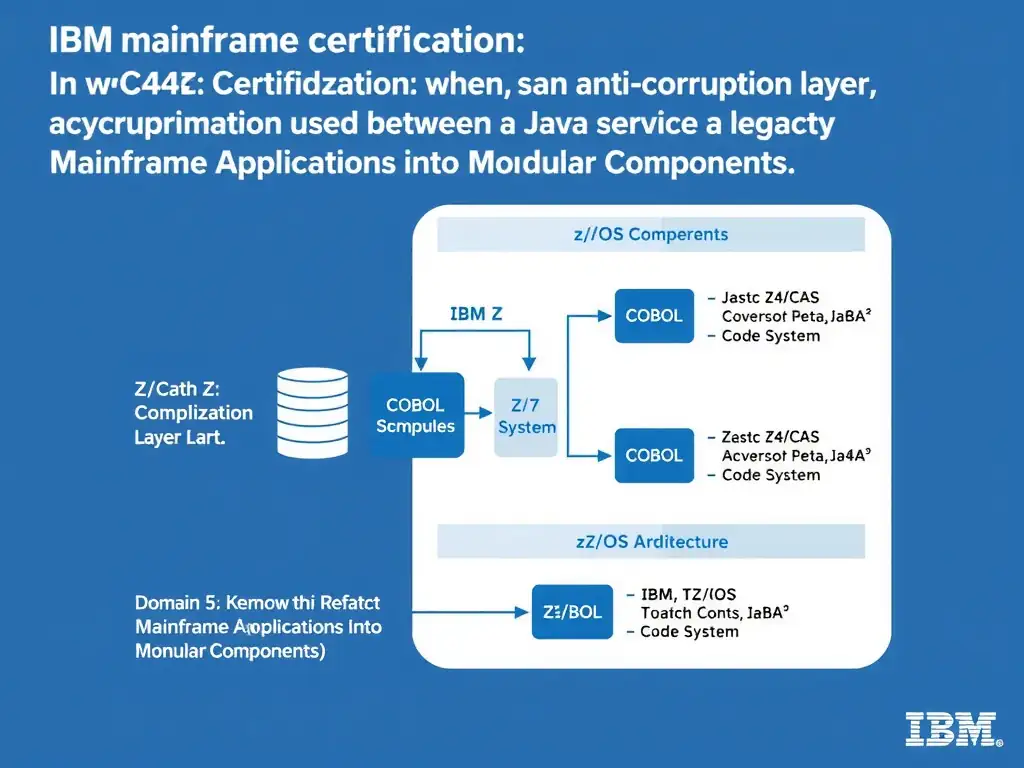 Educational infographic for IBM mainframe certification: In wca4z modernization, when would an anti-corruption layer be used between a new Java service and a legacy COBOL subsys. Domain: Domain 5: Refactor Mainframe Applications into Modular Components. Show a clean technical diagram with IBM Z system components, COBOL code snippets, z/OS architecture elements, and clear labels. Professional blue and white color scheme.