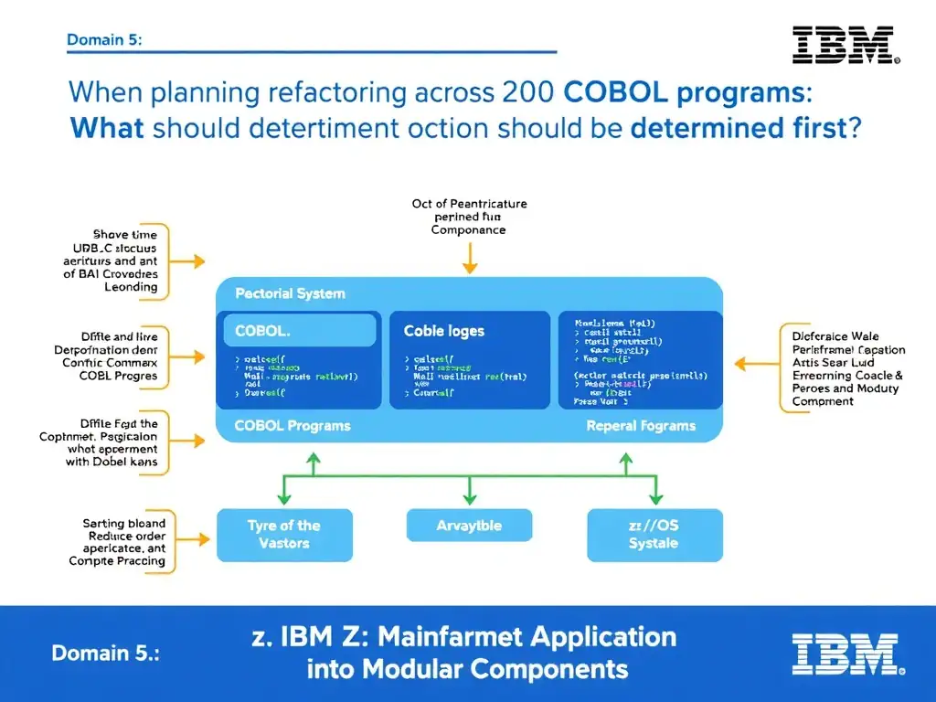 Educational infographic for IBM mainframe certification: When planning refactoring across a portfolio of 200 COBOL programs, what should be determined first?. Domain: Domain 5: Refactor Mainframe Applications into Modular Components. Show a clean technical diagram with IBM Z system components, COBOL code snippets, z/OS architecture elements, and clear labels. Professional blue and white color scheme.