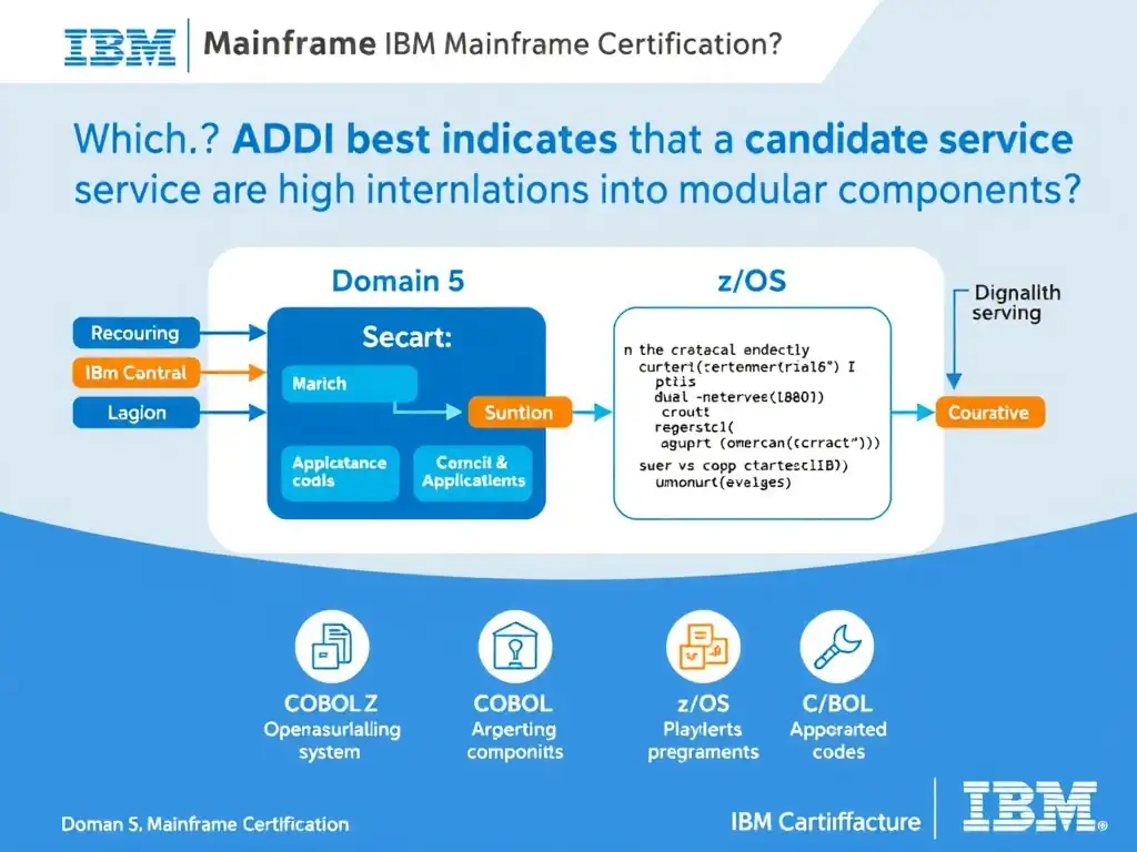 Educational infographic for IBM mainframe certification: Which ADDI metric best indicates that a candidate service boundary has high internal cohesion?. Domain: Domain 5: Refactor Mainframe Applications into Modular Components. Show a clean technical diagram with IBM Z system components, COBOL code snippets, z/OS architecture elements, and clear labels. Professional blue and white color scheme.