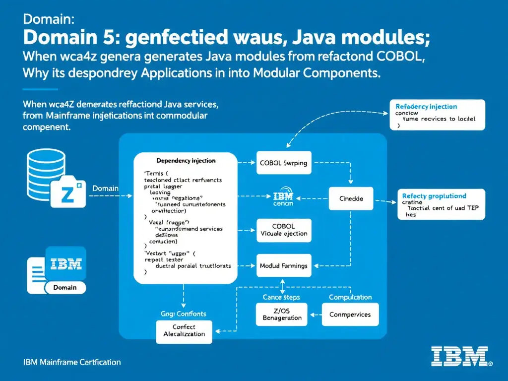 Educational infographic for IBM mainframe certification: When wca4z generates Java modules from refactored COBOL services, why is dependency injection recommended for connecting. Domain: Domain 5: Refactor Mainframe Applications into Modular Components. Show a clean technical diagram with IBM Z system components, COBOL code snippets, z/OS architecture elements, and clear labels. Professional blue and white color scheme.
