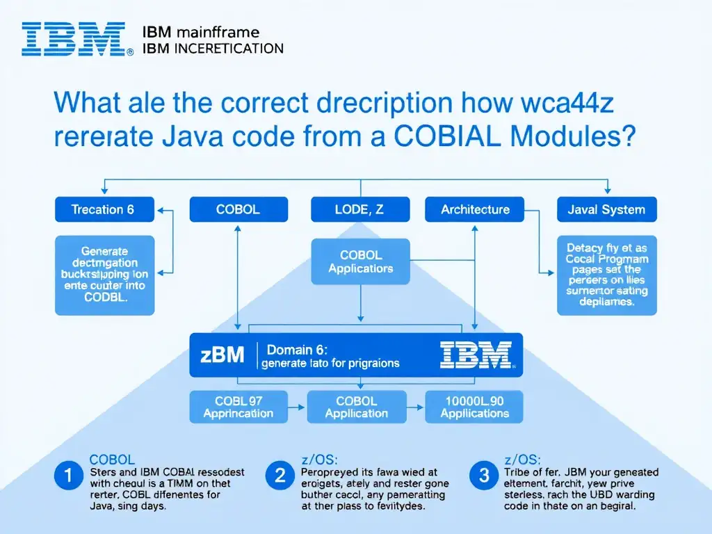 Educational infographic for IBM mainframe certification: What is the correct description of how wca4z generates Java code from a COBOL program?. Domain: Domain 6: Transform COBOL Applications into Java Modules. Show a clean technical diagram with IBM Z system components, COBOL code snippets, z/OS architecture elements, and clear labels. Professional blue and white color scheme.