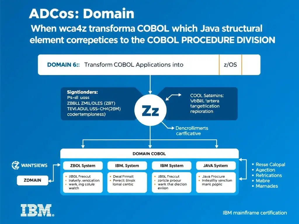 Educational infographic for IBM mainframe certification: When wca4z transforms a COBOL program, which Java structural element typically corresponds to the COBOL PROCEDURE DIVISI. Domain: Domain 6: Transform COBOL Applications into Java Modules. Show a clean technical diagram with IBM Z system components, COBOL code snippets, z/OS architecture elements, and clear labels. Professional blue and white color scheme.